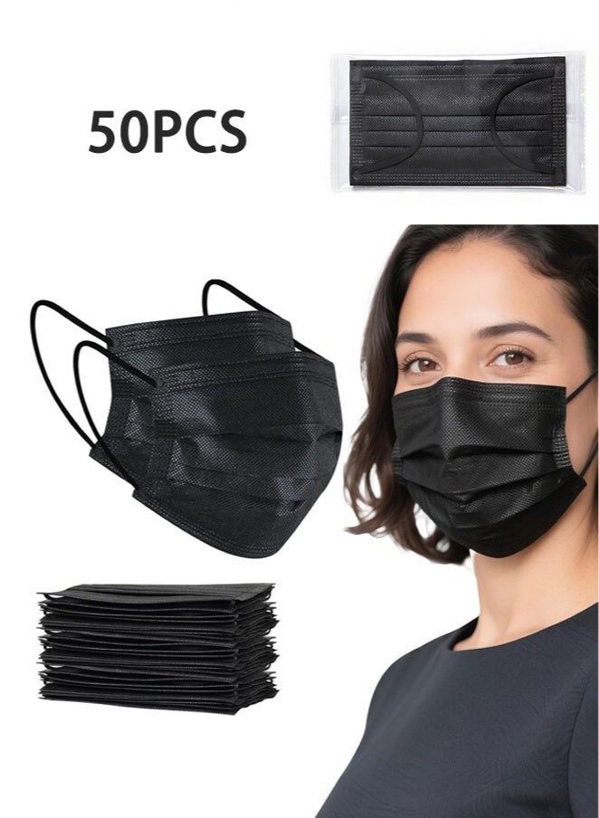 50 كمامة فردية معبأة، كمامات سوداء، كمامات ثلاثية الطبقات للاستعمال مرة واحدة - Image 1